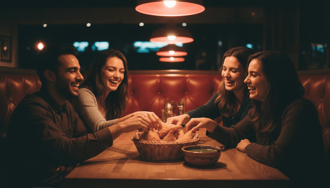 A group laughing and sharing samosas and chutney around a cozy restaurant table