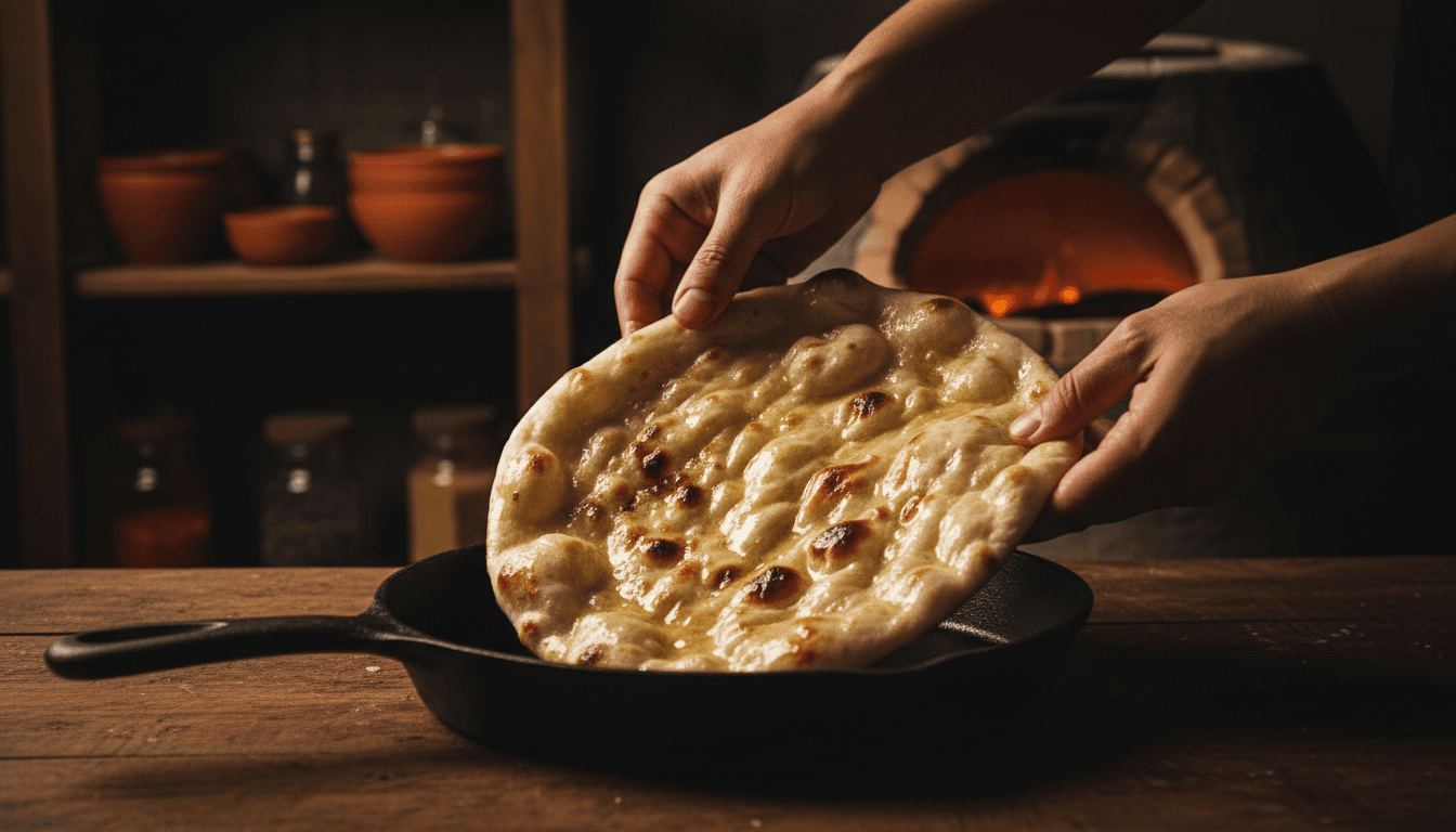 Hands placing a hot, buttered naan onto a cast iron skillet with char marks