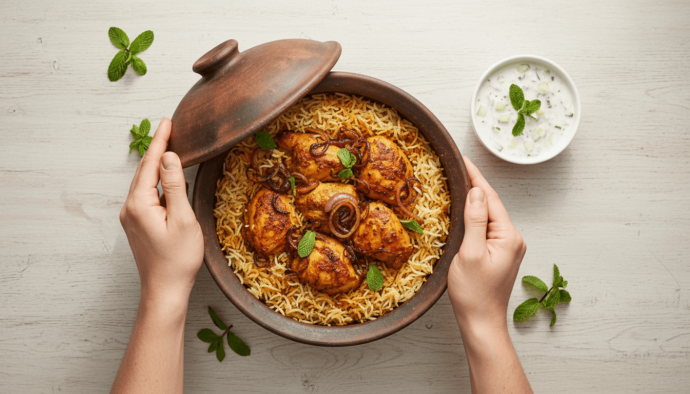 Overhead shot of a biryani pot being opened with layers of rice and meat visible