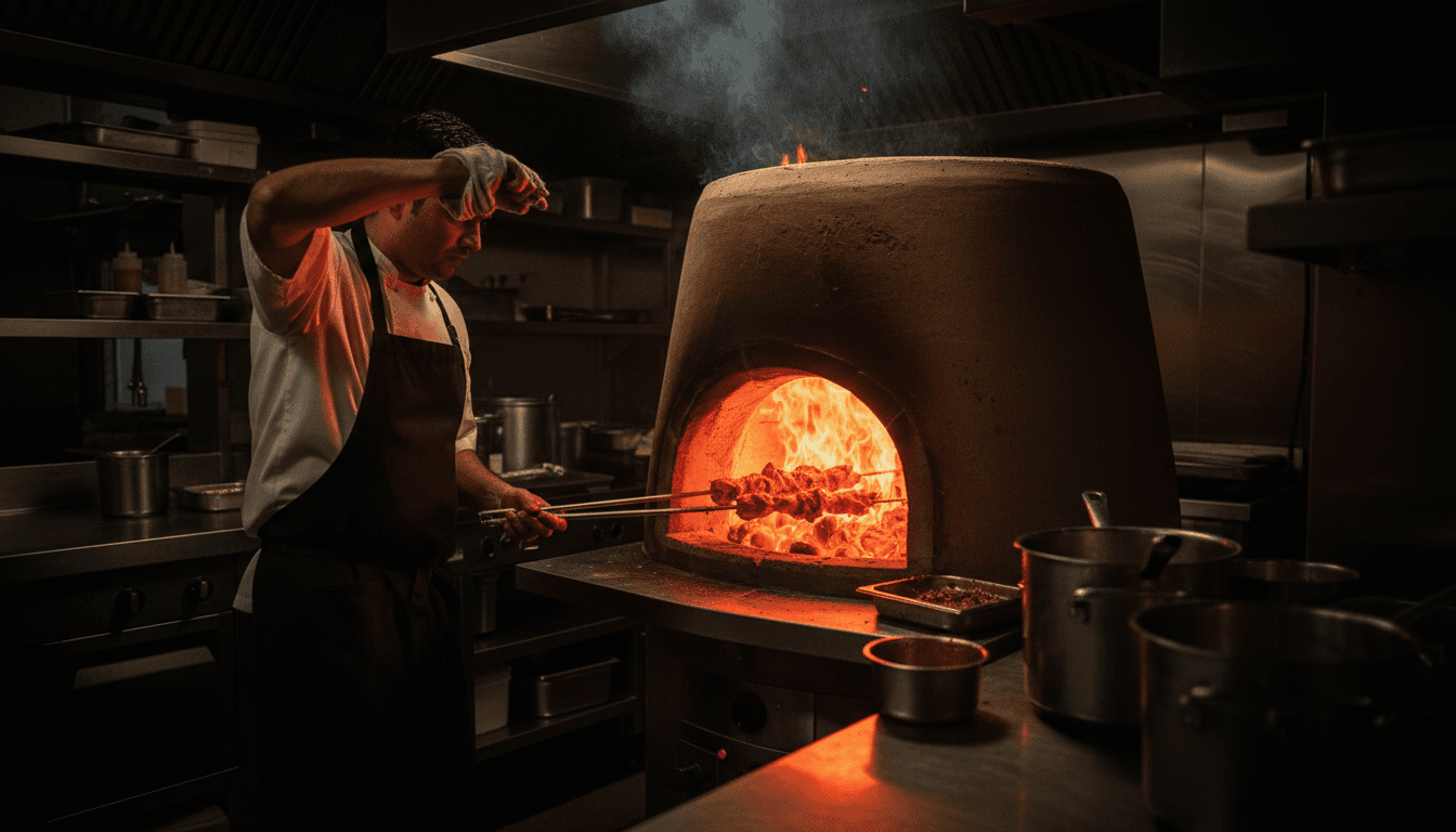 Chef working at a glowing tandoor oven with chicken tikka skewers inside