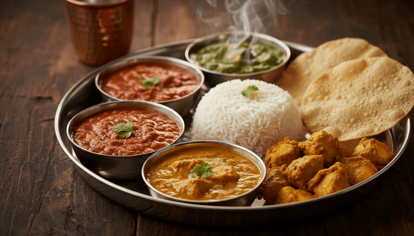 Close-up of a steel thali platter with curries, rice, and papadums, steam rising