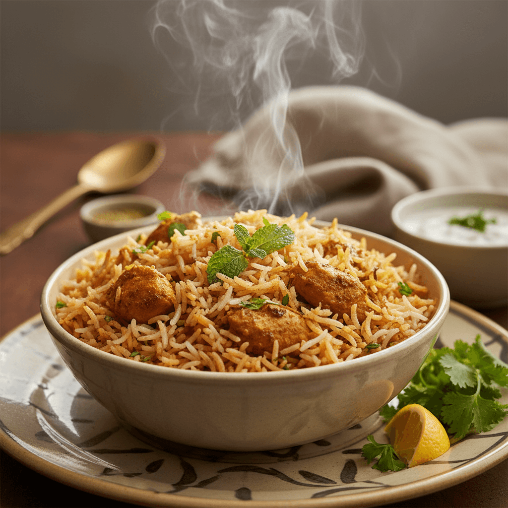 Close-up of shrimp biryani in a bowl