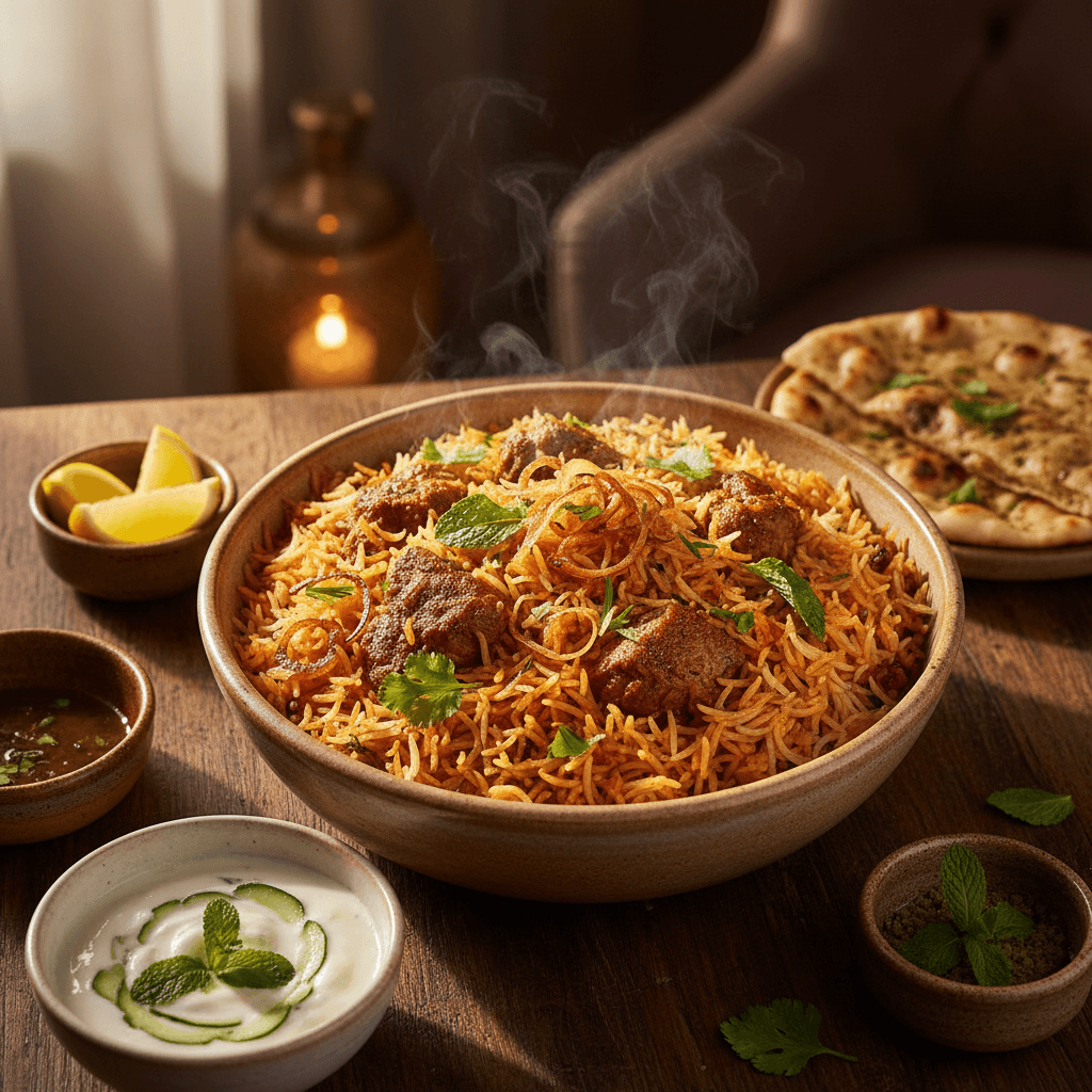 Colorful vegetable biryani platter with fresh garnishes