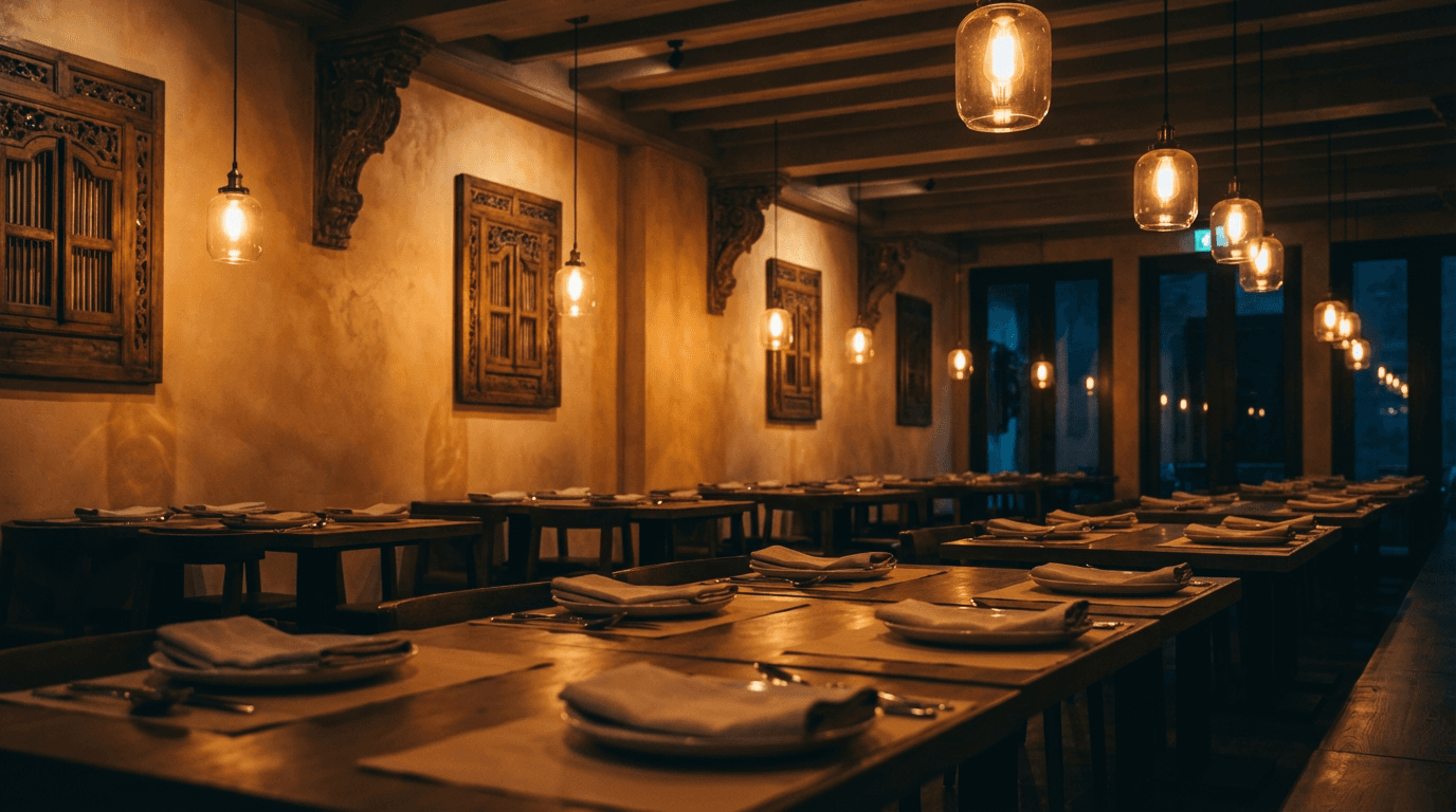 Cozy candlelit table setting in an Indian restaurant with warm amber lighting