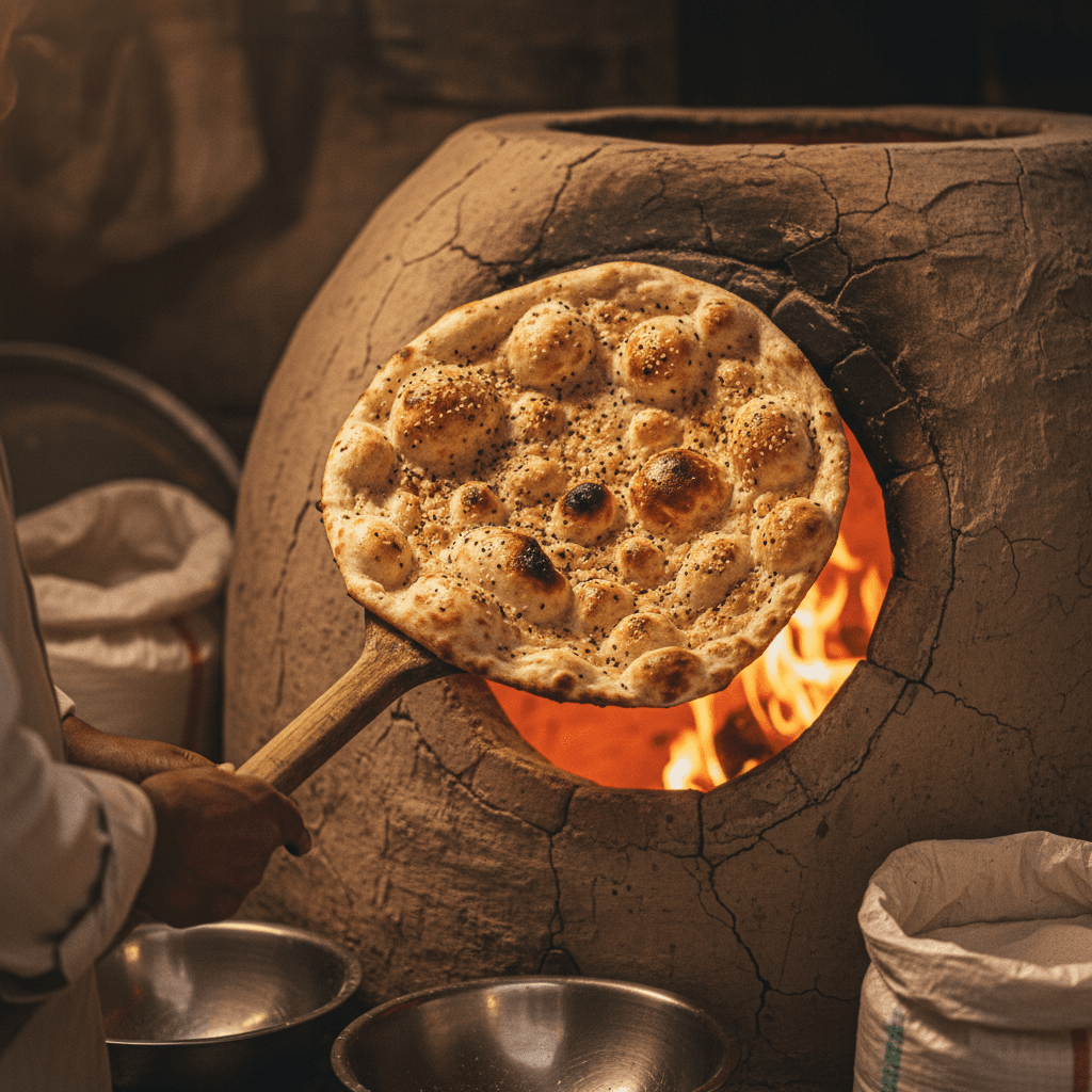 Freshly baked naan on a wooden board, steam rising, warm kitchen setting