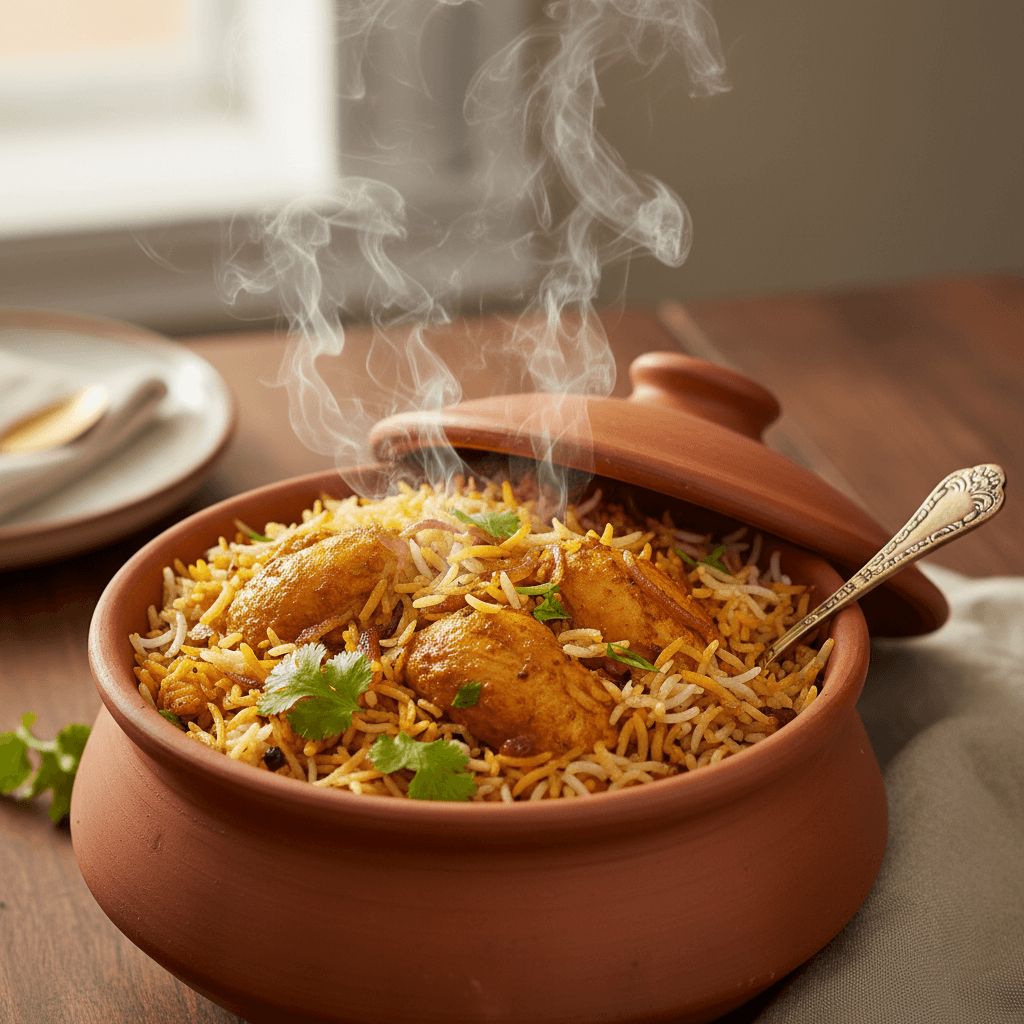 Close-up of chicken biryani in clay pot with steam