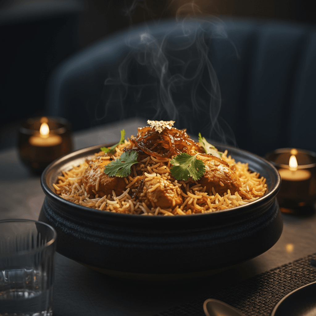 Copper handi being opened revealing lamb biryani