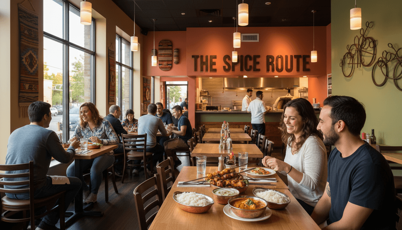 A beautifully set table with Indian curries, biryani, and naan in a warm, inviting restaurant