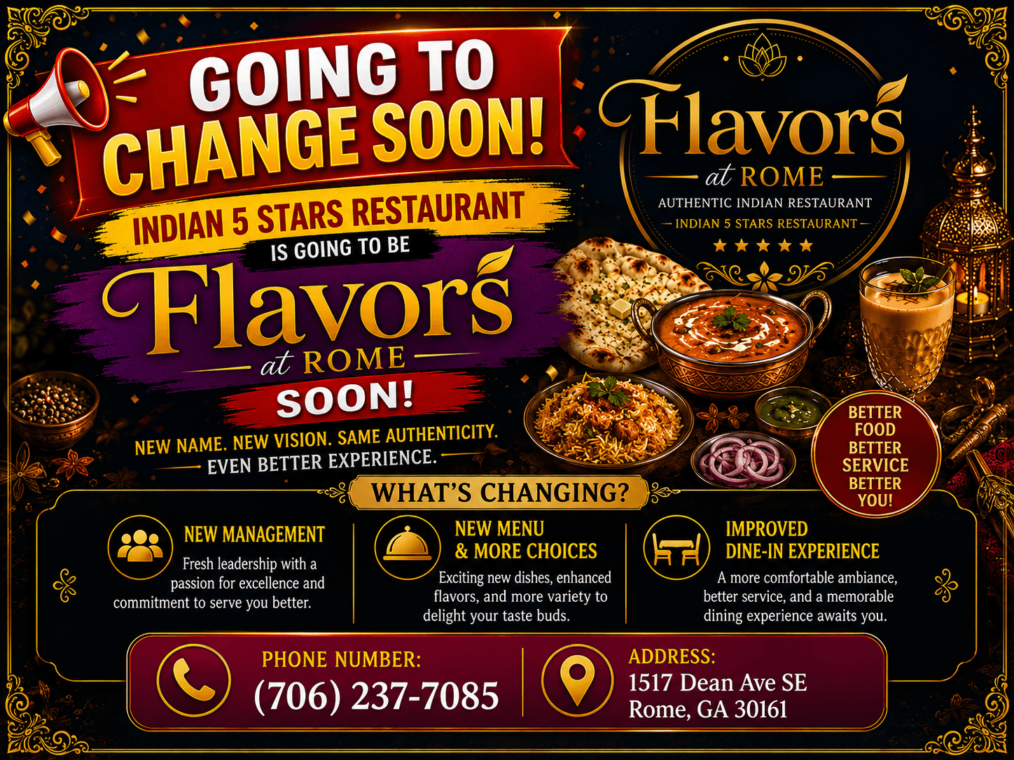 Rebranding flyer for Flavors at Rome Indian restaurant featuring traditional food and new management.